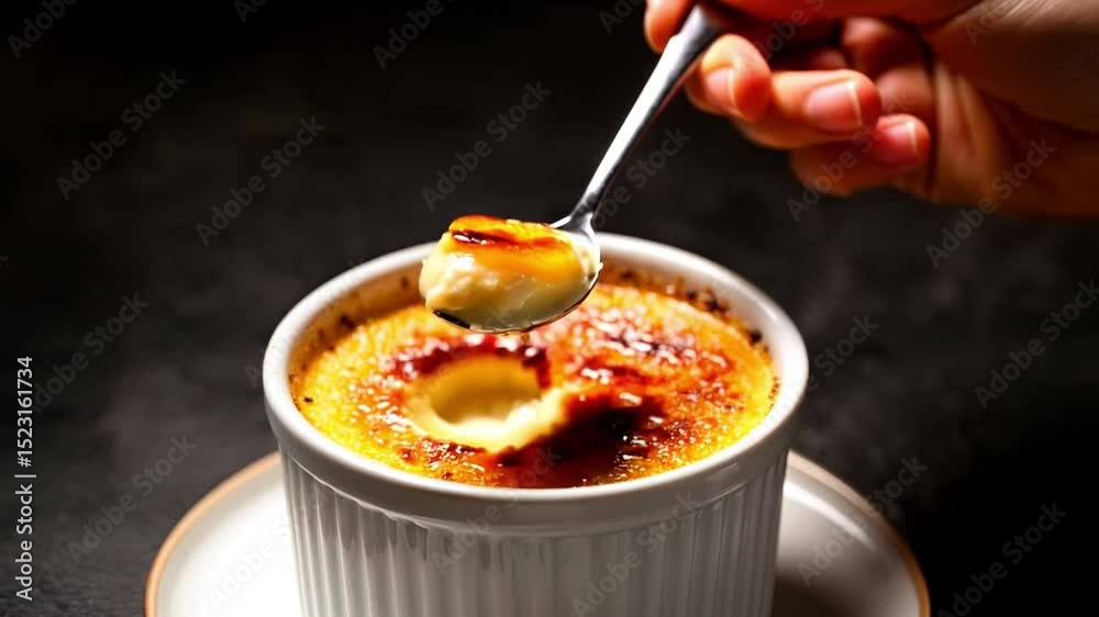 Hand cracks caramelized crust of crème brûlée with spoon. Close-up static shot. 4K.
