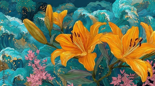   A painting featuring yellow flowers set against a blue backdrop, with vibrant pink and yellow blossoms in the foreground and a distant wave in the background
