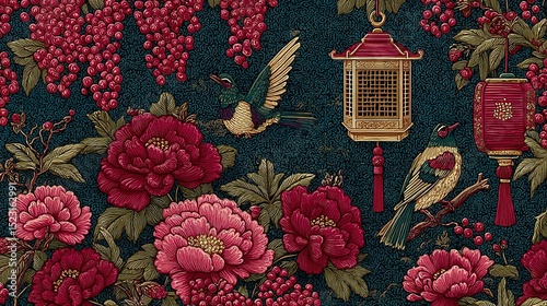   A blue background showcases a bird and flowers, while a birdcage is centered in the image