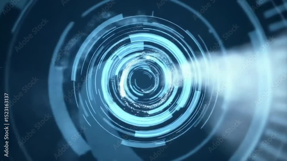 Futuristic circular interface spinning in shades of blue, simulating a high-tech HUD or digital scanner with rotating layers and glowing data rings on a dark background.