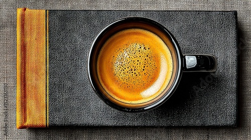  A cup of coffee on a black table with a yellow-orange napkin on a gray background