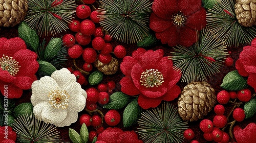   A red and white flower, surrounded by red berries and pine cones, is captured in close-up detail on an earthy green background of pine needles