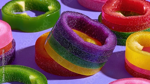   Group of colorful doughnuts atop a purple tablecloth with sprinkles