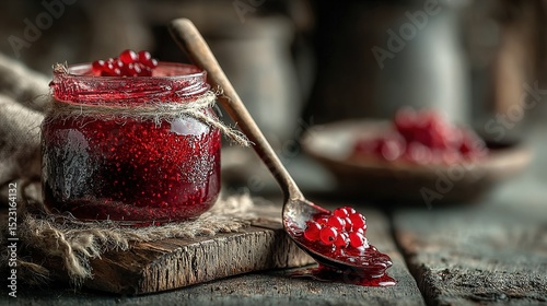   A jar of red liquid sits atop a wooden table, adjacent to a bowl of pomegranates