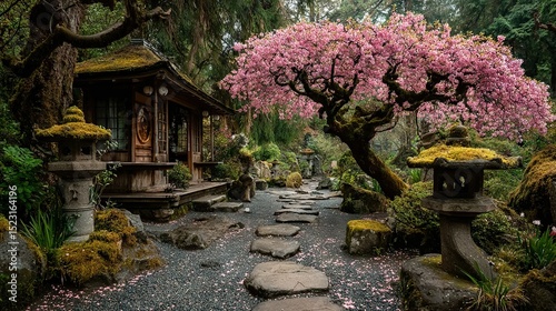   A garden featuring rocks, trees, and a pink-flowered tree in the foreground of a gazebo