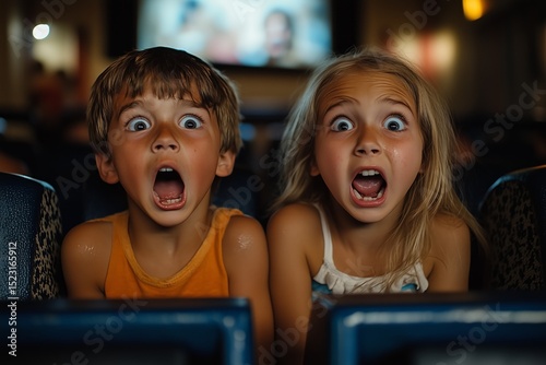 Two children are seated in a movie theater, their expressions filled with terror as they watch a frightful film. Their mouths are wide open in a fearful scream amidst the dimly lit surroundings