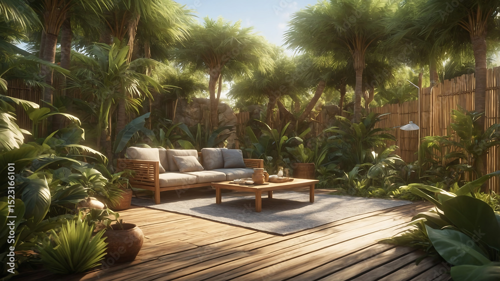 Fototapeta premium Serene Tropical Patio Oasis Lush Greenery, Wooden Deck, and Relaxing Furniture
