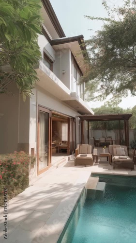 Wallpaper Mural Contemporary villa exterior with pool, sun loungers, outdoor seating area and garden, providing a tranquil vacation retreat and luxury accommodation Torontodigital.ca