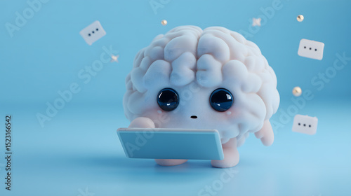 Chubby brain character with big eyes holding a tablet, surrounded by floating chat bubbles, symbolizing communication, technology use, or digital interaction.