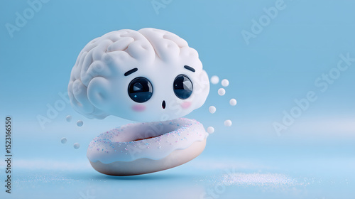 Cartoon brain floating over a sprinkled donut, looking surprised as white sugar balls scatter around, symbolizing temptation or food cravings in a playful setting.