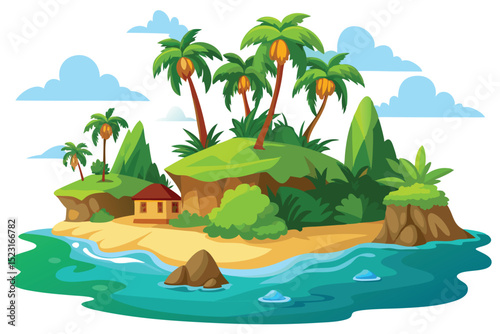Tropical Island Paradise Lush Greenery, Palm Trees, and Sandy Beaches