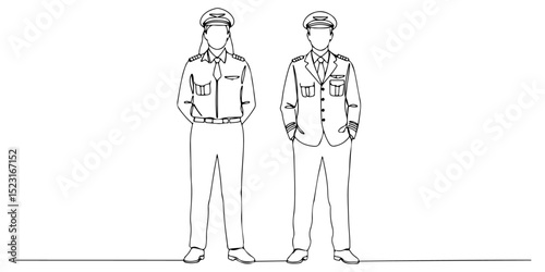 Continuous single line drawing of male and female pilots standing side by side, representing diversity and cooperation in aviation, line art style vector illustration.