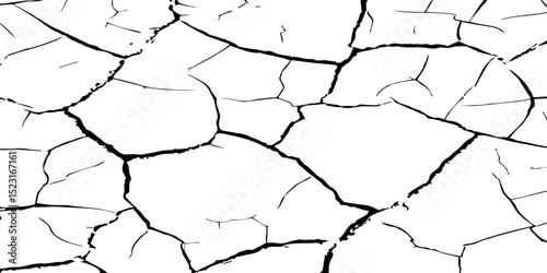 Generate a high-contrast, detailed image of a finely cracked white surface. The cracks should appear as thin, dark lines forming an intricate network across the white background, 