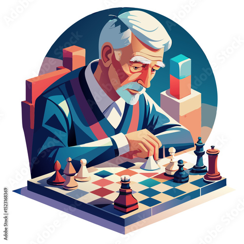 Elderly man playing chess: wise concentration, warm sunlight creating nostalgic atmosphere.