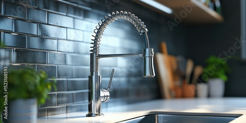 Modern kitchen faucet with flexible neck and sleek design featured in contemporary interior