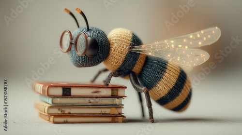   A bee figurine atop book stacks with glasses nearby