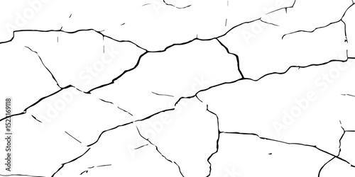 Generate a high-contrast, detailed image of a finely cracked white surface. The cracks should appear as thin, dark lines forming an intricate network across the white background, 