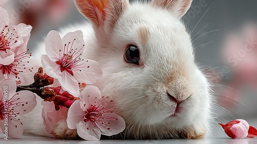   A close-up of a bunny surrounded by pink flowers in the background and pink flowers in the foreground