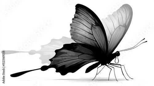   A monochrome photo of a butterfly with its wings open