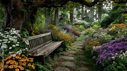   A bench of wood sits amidst a verdant forest filled with vibrant hues of purple, yellow, and white flowers