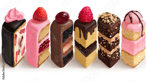   Several kinds of cakes featuring strawberries on top are bitten into