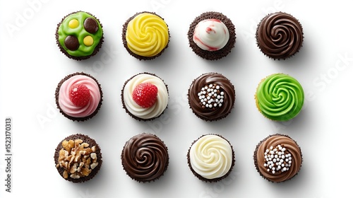   Various cupcake types on white background, adorned with nuts and candies