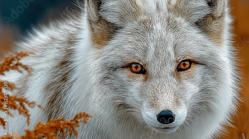   A close-up of a fox's face, with a clear image of a plant in the foreground and a blurred background