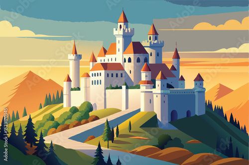Majestic Fairytale Castle Illustration A Picturesque Hilltop Fortress at Sunset