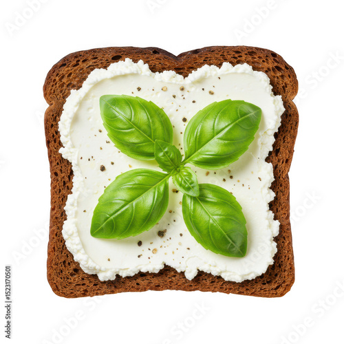 Cream cheese toast with basil isolated on transparent background