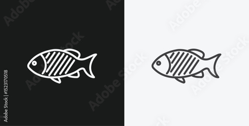 Fish with Grill Marks on Black and White Backgrounds, Representing Seafood or Cooked Fish, White Outline Icon