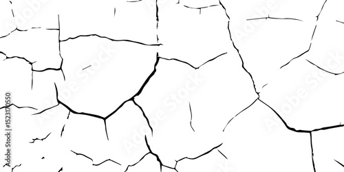 A stark, high-contrast, black and white texture image depicting a pattern of cracks, resembling distressed paint,shattered glass,or parched earth.The background is pure white,and the cracks are sharp.