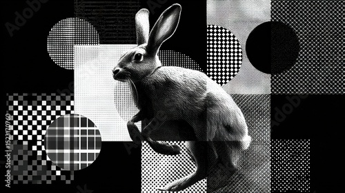   A black-and-white picture of a rabbit against a monochrome background, featuring circles and squares