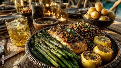   A wooden table holds a plate full of asparagus, lemons, potatoes, and other delights