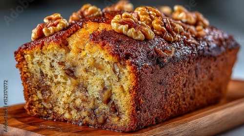  A cake sits on a wooden board next to a nutty slice