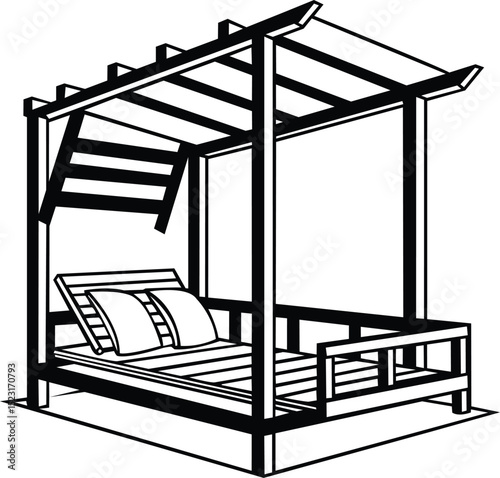 daybed canopy bed, modern minimalist architecture, glass walls, wooden elements, dark color scheme, geometric design, sleek and contemporary, 3d render
