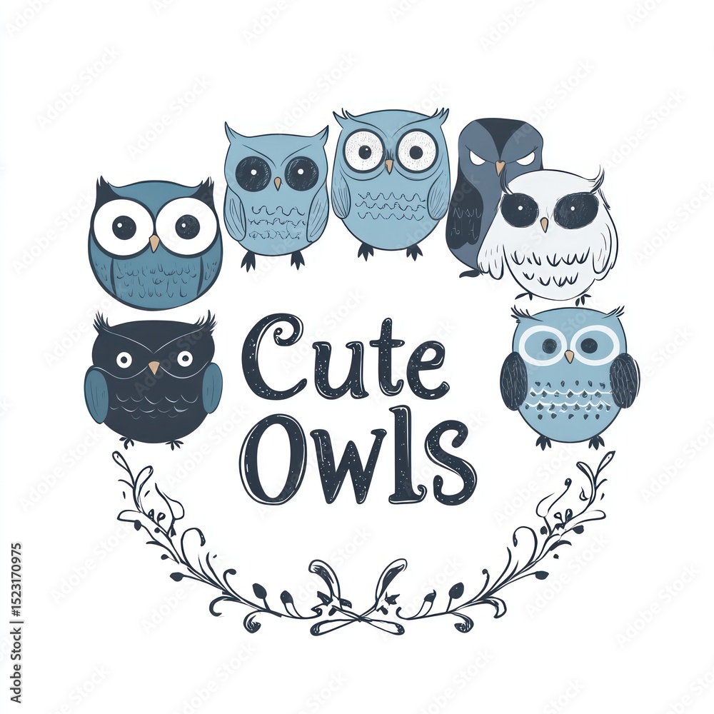 Fototapeta premium Cute owls arranged in a circle, framed by a floral wreath. The owls are stylized, light blue and dark gray, with large eyes. Text 