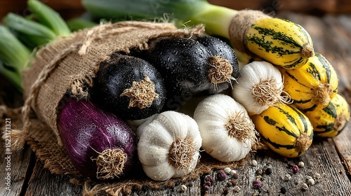  A pile of vegetables sits on a wooden table next to a burlock sack