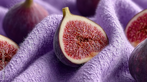   Two figs atop a towel beside a bowl of fruit on a table