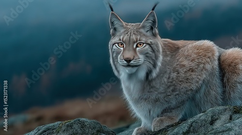   A close-up of a cat perched on a rock beside a tranquil body of water, framed by majestic mountains