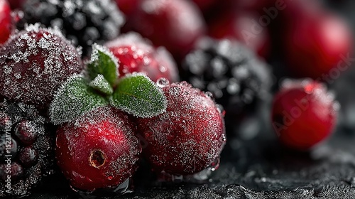   A group of ice-covered berries atop a mound of mixed red and black berries, adorned with a solitary green leaf