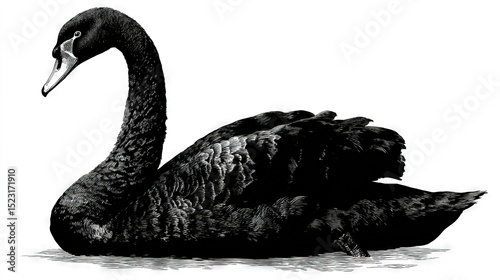   A black swan perched atop a lake, adjacent to another swan with its head angled to the side
