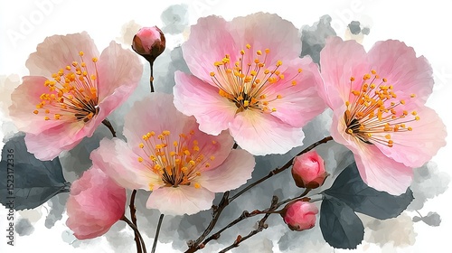  Pink flowers on white backdrop with leaf and bud details; Green leaves & black/white border