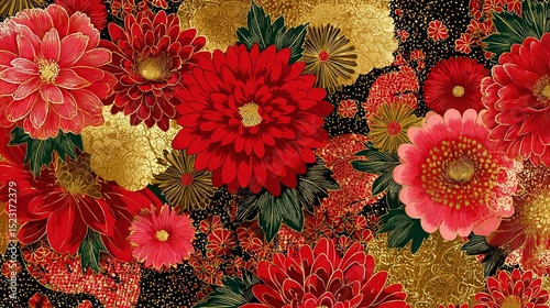   A close-up image of several red flowers against a dark background, featuring gold and red floral arrangements at the center