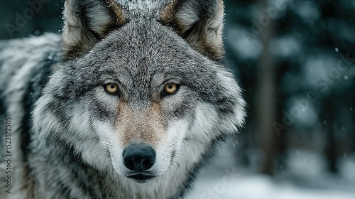   A close-up of a wolf in the snow, staring intently into the camera, surrounded by a fuzzy forest backdrop