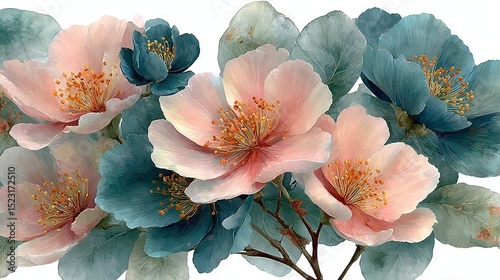   Close-up photo of colorful flowers on a white background, with blue and pink blossoms in the center frame