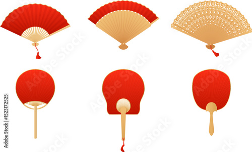 Vintage Japanese and Chinese hand fan flat vector icons set, Asian uchiwa bamboo and red paper accessory for air cooling