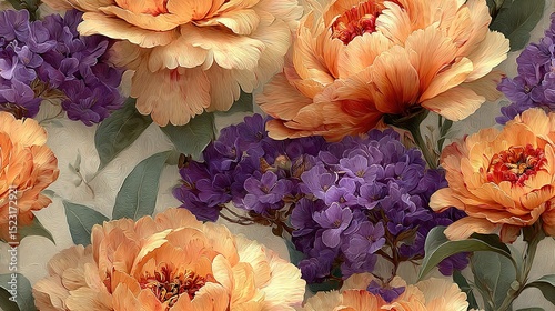   A close-up of vibrant purple and orange flowers adorning the center of a wall