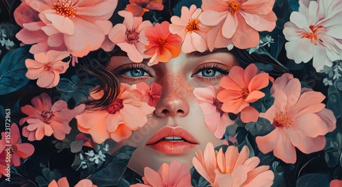 Conceptual Mixed Media Collage Featuring a Young Female and Blossoms