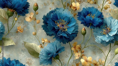   Blue blooms on blue-white wallpaper with yellow-blue floral pattern