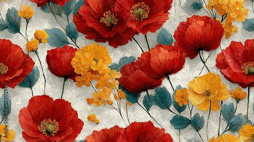   A cluster of red and yellow blossoms with foliage against a white-gray backdrop, featuring an array of orange, yellow, and red petals on a pure white canvas